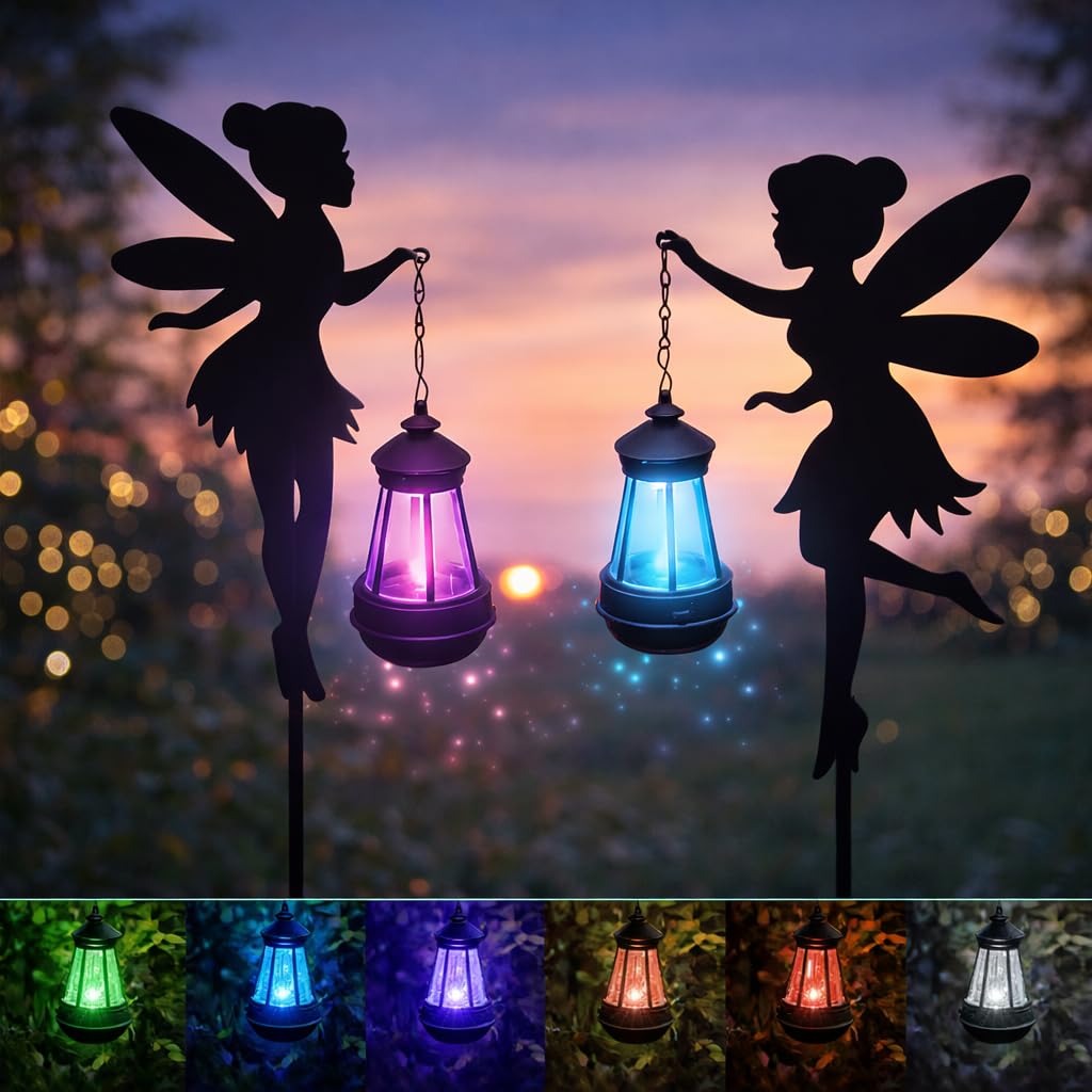 Solar Fairy Garden Decorations Solar Lighting 1 Pair – Outdoor Color-Changing Fairy Statues with Metal Stakes, Garden Ornaments for Lawn, Yard, Patio