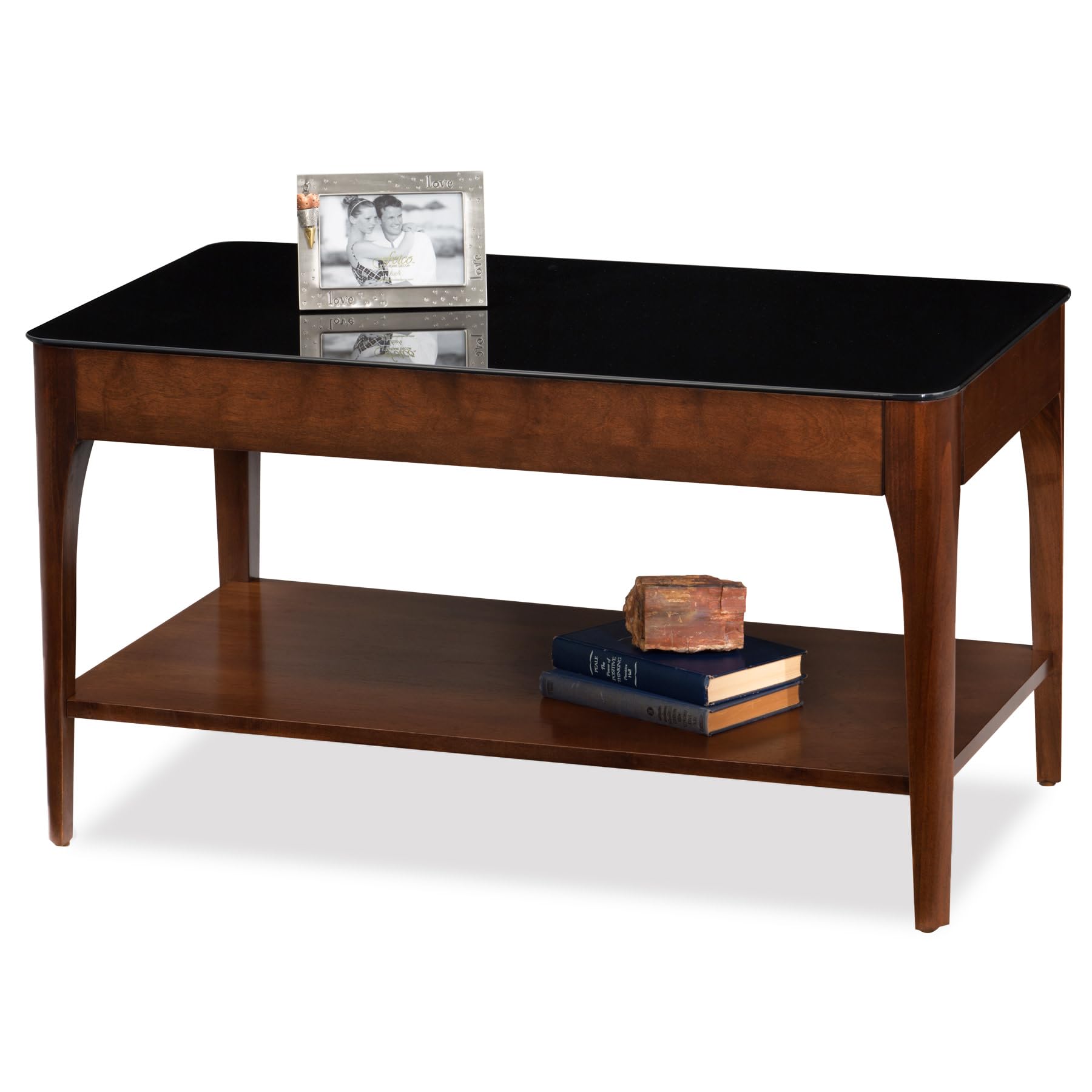 Leick Home 11103 Obsidian Glass Top Condo Apartment Coffee Table with Shelf, Chestnut and Black Glass