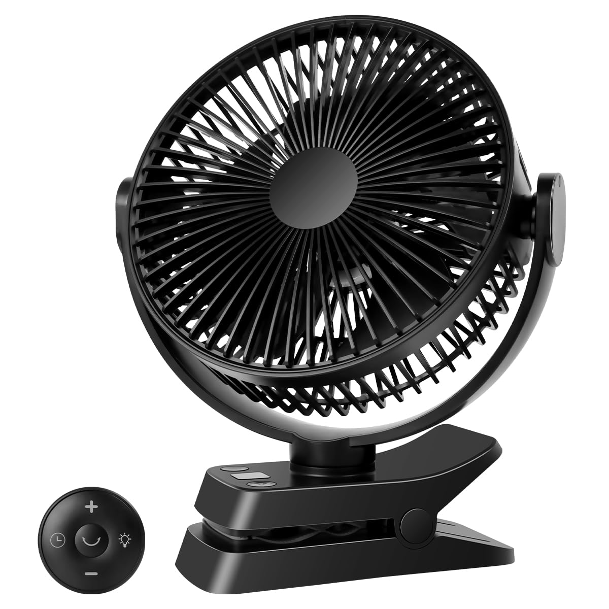 ELZO 12000mAh Camping und Tischventilator, 21 cm USB Ventilator mit LED-Licht, Haken, 360° leise mit Fernbedienung, Clip-Ventilator für Kinderwagen, Büro (Schwarz)
