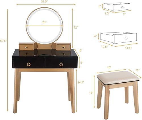 Miniatura 8 de MAT EXPERT Juego de tocador con espejo iluminado, tocador de dormitorio con taburete acolchado, tocador de luz de atenuación de pantalla táctil de 3