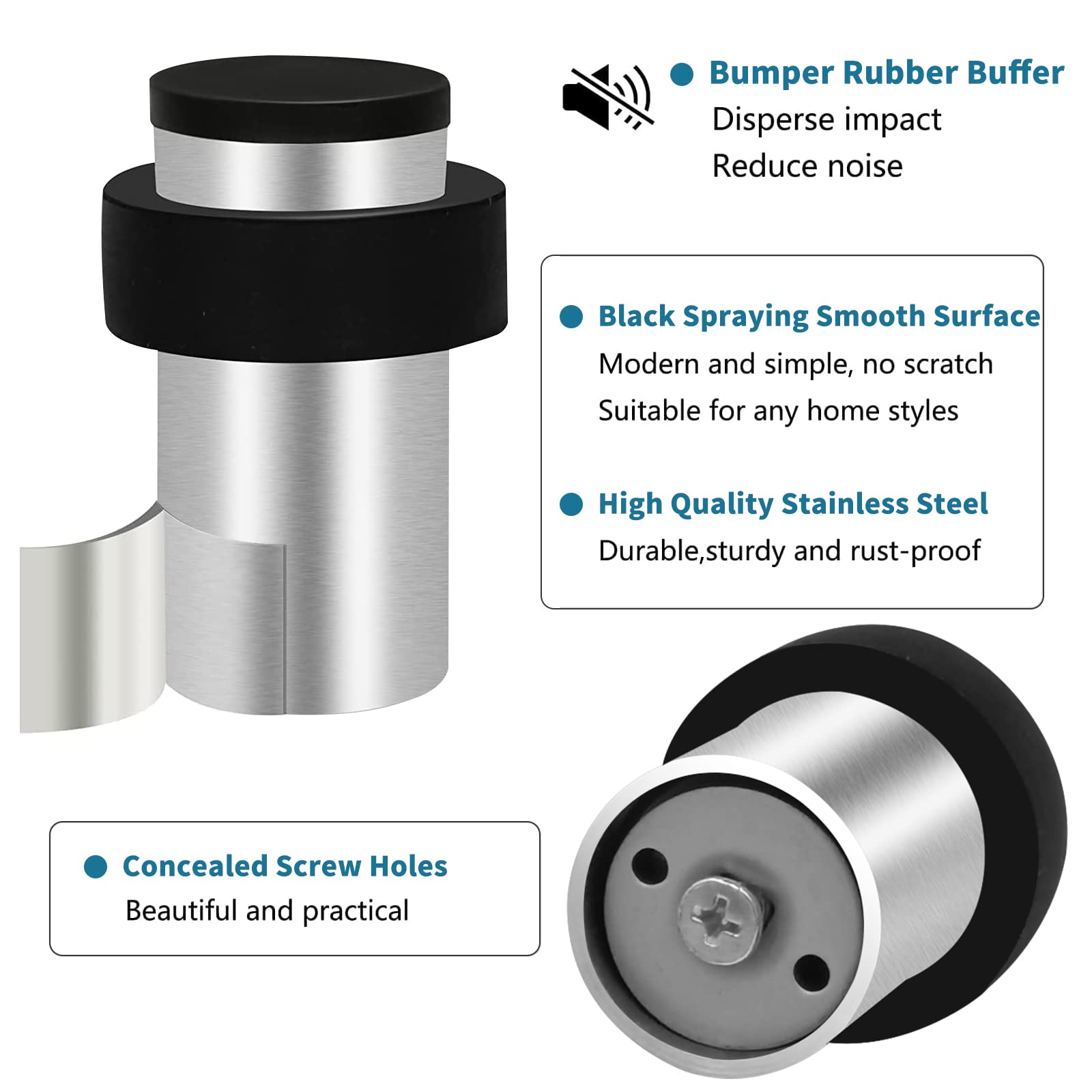 KOLAKO Door Stoppers, Cylindrical Floor Door Stops, Brushed Stainless Steel, Heavy Duty 2 Inch Modern Wall Floor Doorstops with Rubber Bumper, 4 Pack - Image 3
