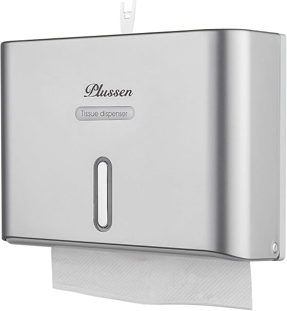 PLUSSEN Paper Towel Dispenser Wall Mounted, Adhesive No Drilling Hand Towel Dispenser Multifold C-Fold Tissue Towel Dispenser for Bathroom Kitchen (sliver)