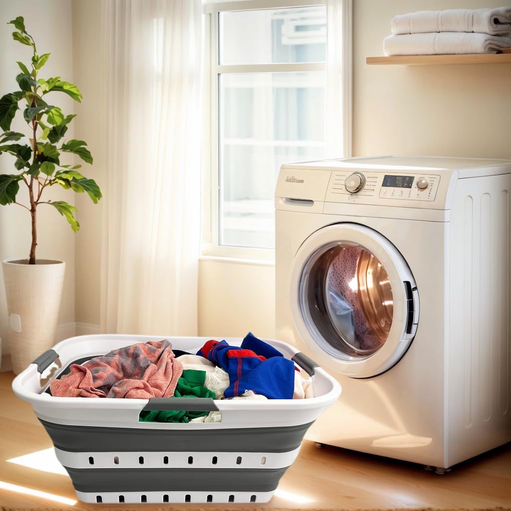 SAMMART 42L (11 gallon) Collapsible Plastic Laundry Basket-Foldable Pop Up Storage Container/Organizer-Portable Laundry Hamper-Space Saving (2, White/Steel Grey)