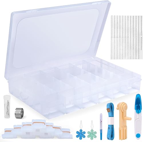 Caydo Caja organizadora de hilo de bordado extraíble de 36 rejillas con 100 bobinas de hilo dental, enrollador de hilo dental, calcomanías, tijeras,