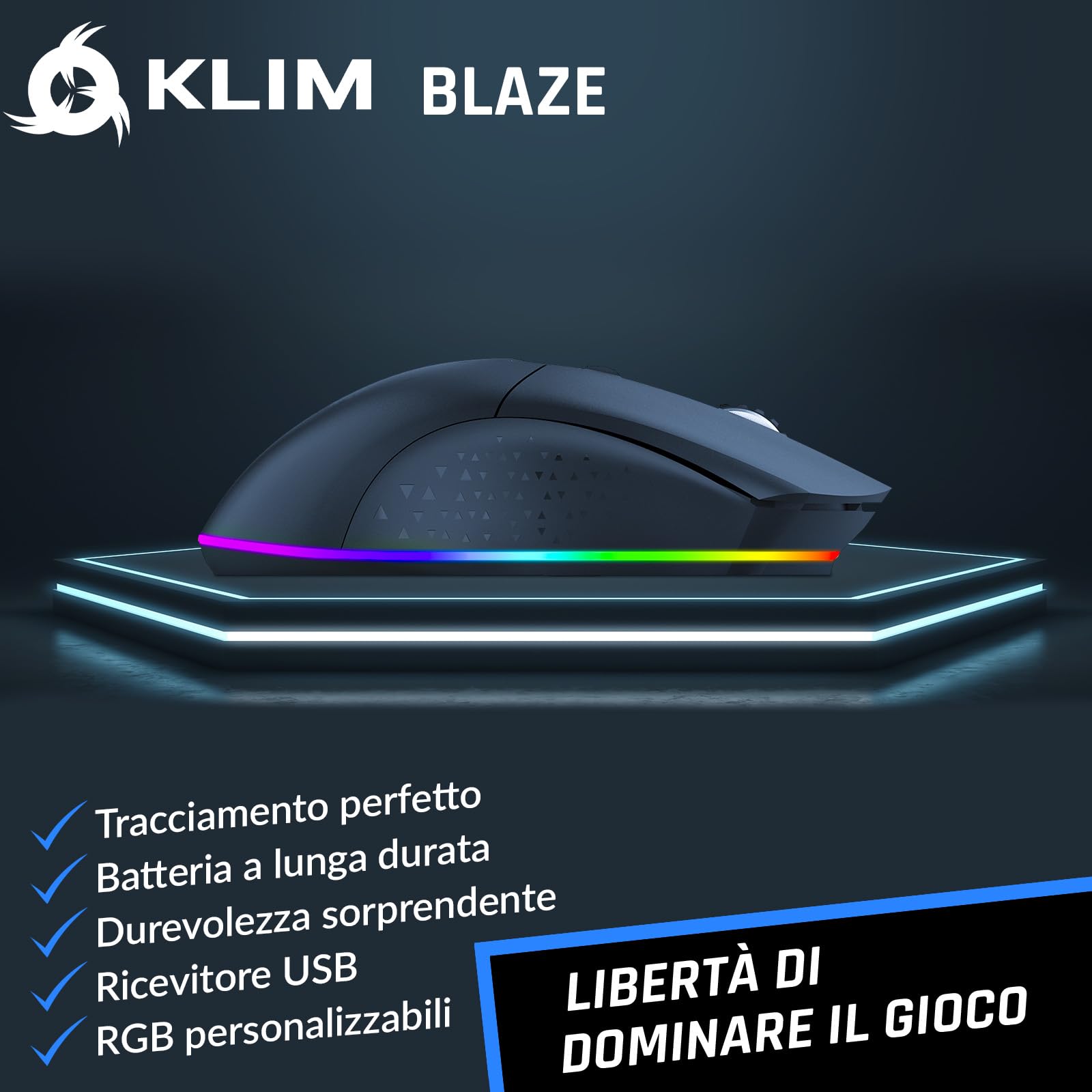 Blaze Mouse Gaming Wireless RGB Ricaricabile, Regolabile Fino a 10000 DPI | Sensore ad Alta Precisione con Batteria di Lunga Durata, Modalità e Cavo, Libertà Totale per Dominare il Gioco - Black