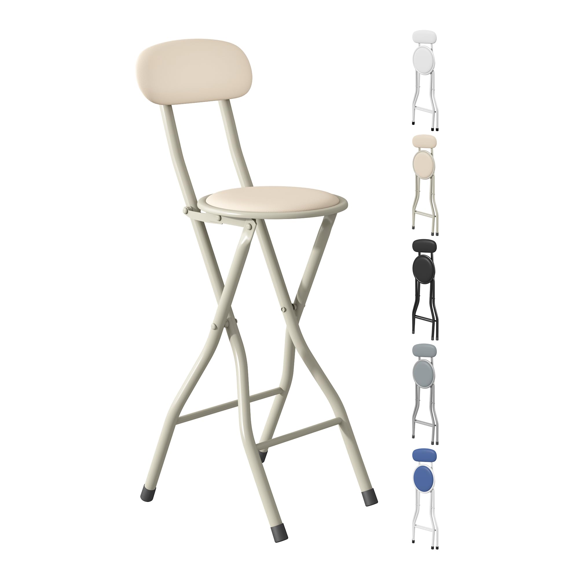 mcc direct Folding Bar Stool Set of 1, Breakfast Barstool Kitchen Restaurant Seating, Faux Leather Foldable Chair with Metal Frame, Padded High Chair(Beige)