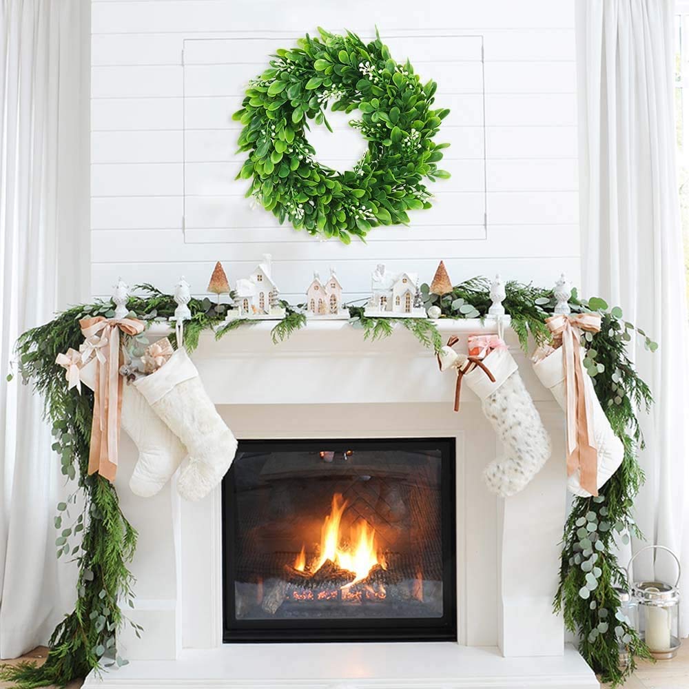 Künstliche Buchsbaumkranz Grüne Blätter Haustür Kranz Im Freien Grünen Kranz für Haustür Hängen Wand Fenster Hochzeit Party Decor (30cm)