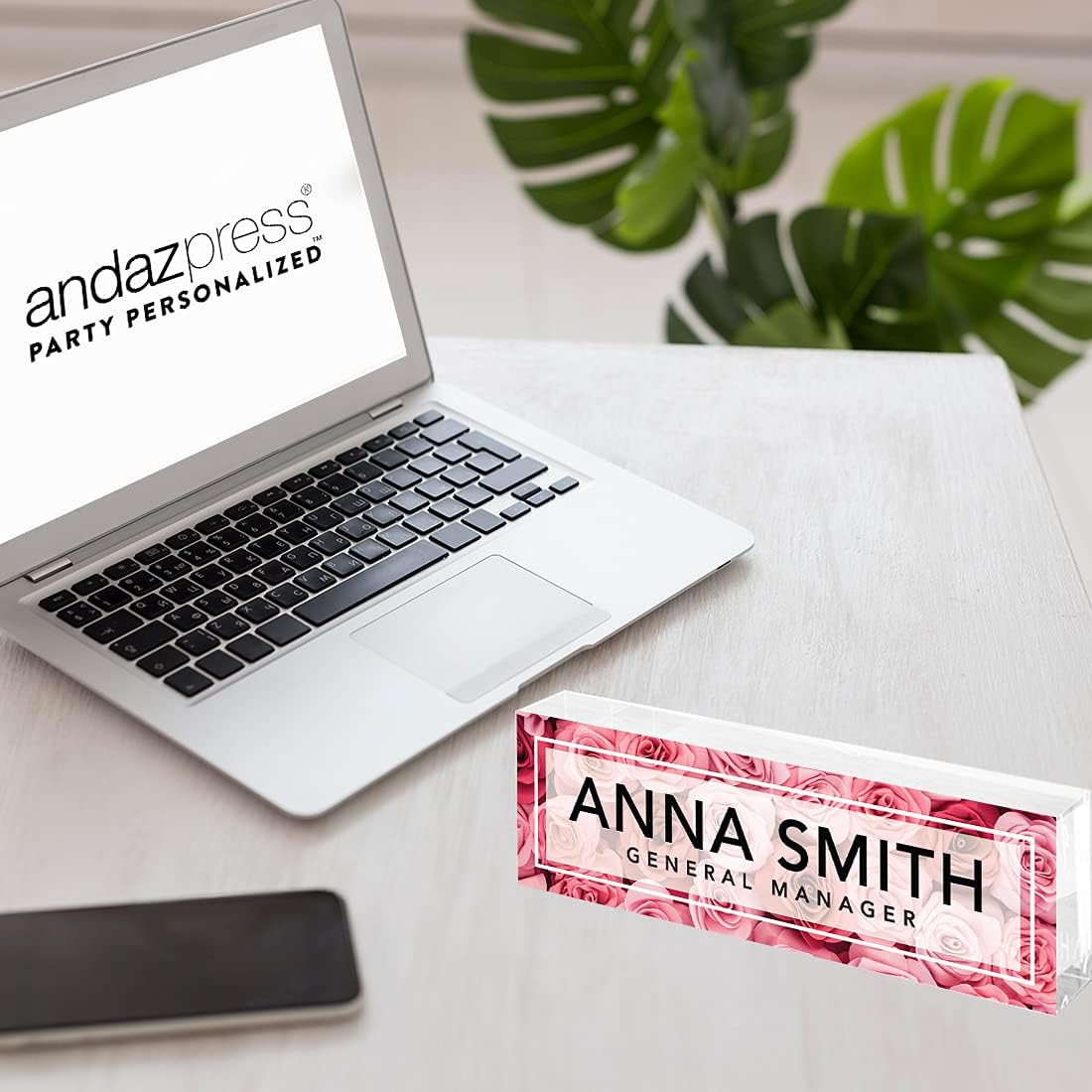 Andaz Press Office Desk Name Plate, Roses Personalized Acrylic Custom Name Title Plate for Home, Desk, Teacher, Boss, Work, Customized Nameplate Sign Decorations for Women, Her, 8" X 2.5"