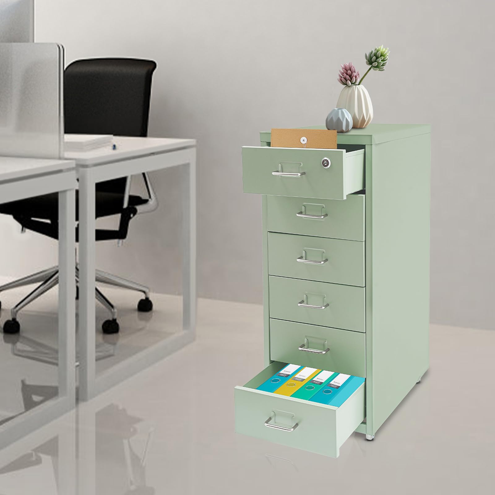 Meuble de rangement mobile à 6 tiroirs, en métal, avec roulettes, pour la maison et le bureau, 28 x 41 x 69 cm, beige (vert)