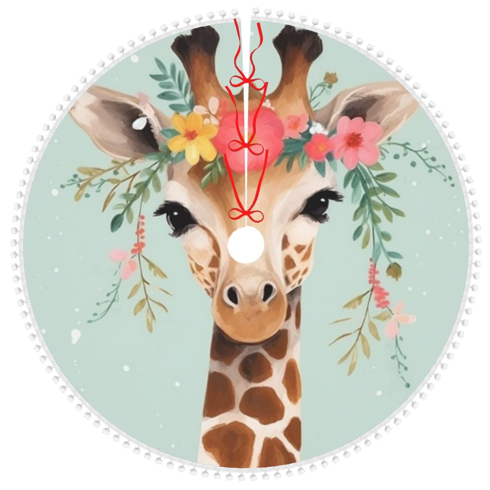 Sapin de Noël jupe girafe fleurie 121,9 cm avec bordure à pompons double couche
