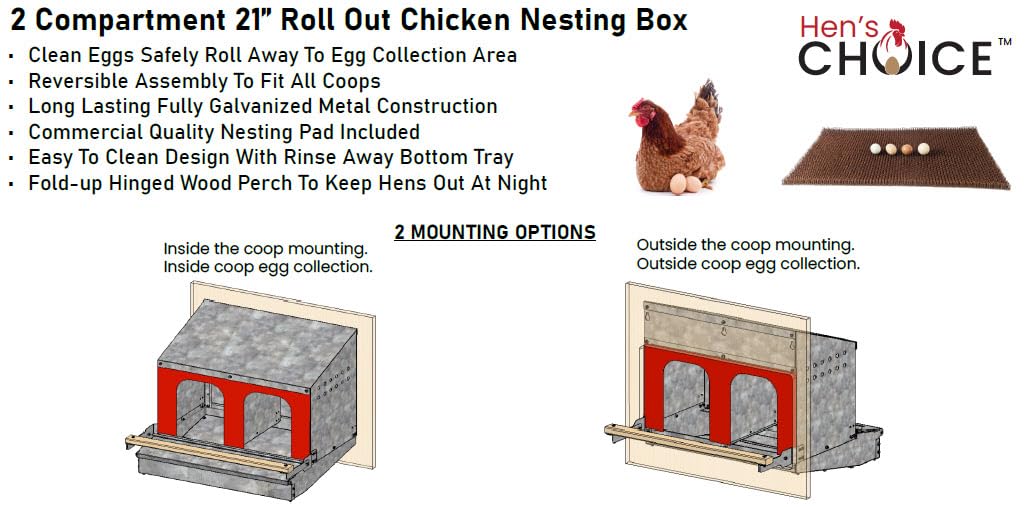 Hen's Choice™ - Caja nido enrollable reversible para pollos | Caja nido enrollable | 2 compartimentos de 21 pulgadas | Galvanizado resistente