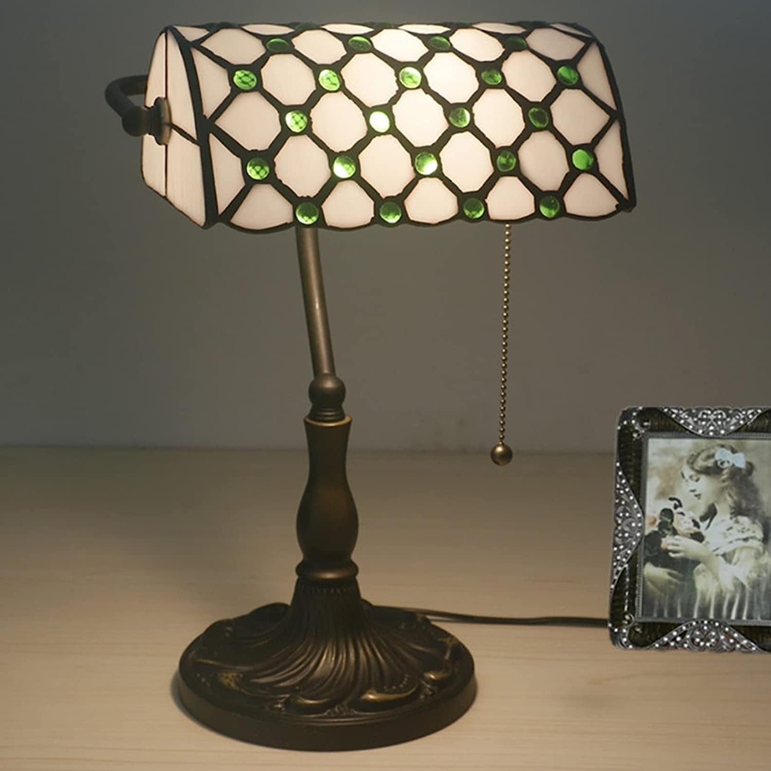 Bankiers Tischlampe, farbige Glaslampe, Kristallperlenschreibtischlampe, Schlafzimmer in der Nacht Leselampe (weiße grüne Glasperlen Schatten) Innovate