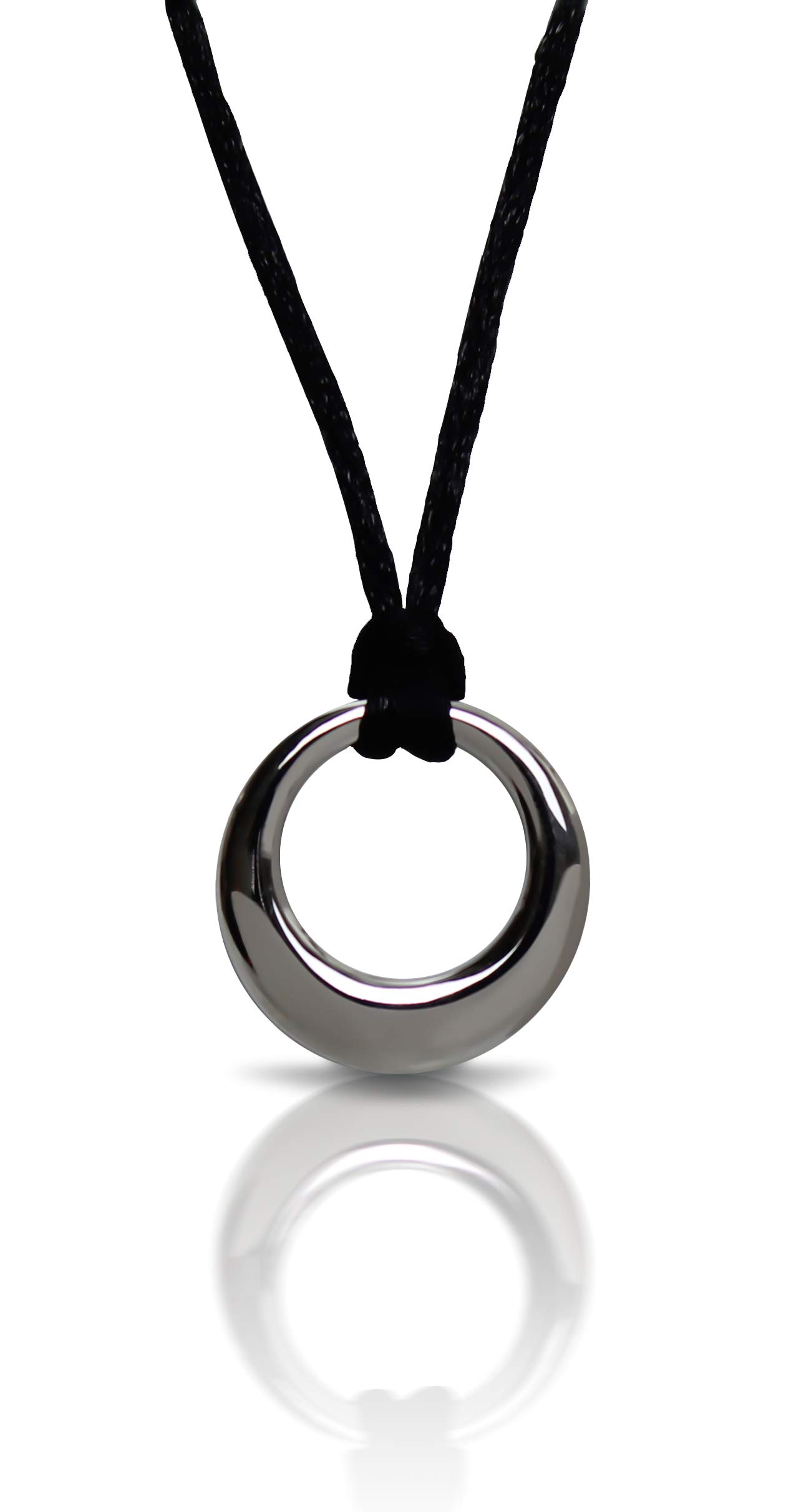 Polished Stainless Steel Eternity Circle Cremation Urn Pendant with Cord. Threaded at The Base. with a 22″ Black Cord and Double-Stitched Gray Microfiber Jewelry Pouch. 15/16″ L x 7/8″ W x 1/4″