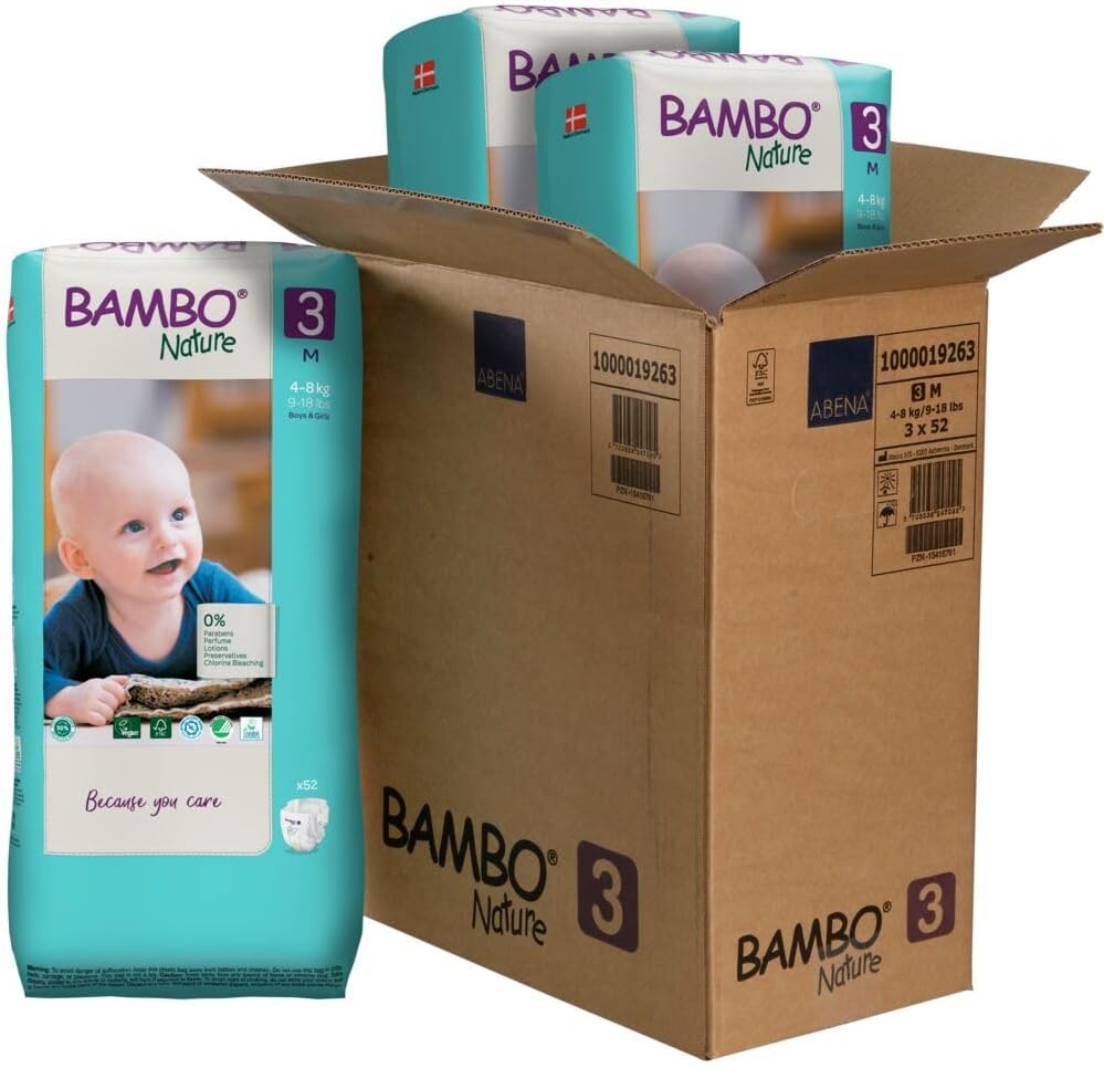 bambo nature hypoallergenic baby diapers, eco-labeled diapers, enhanced leakage protection, totally chlorine-free, skin friendly, and super absorbent - size 3 (156 count)