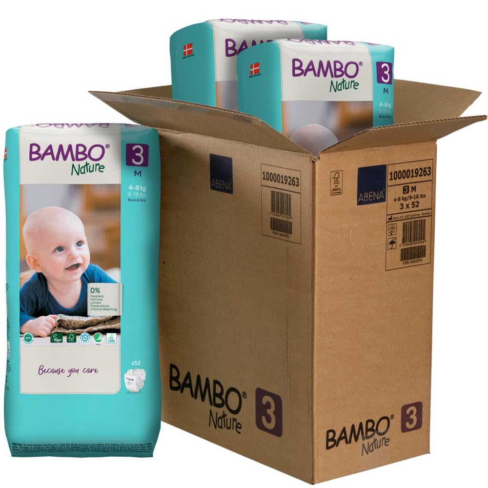 Bambo Nature Eco-Friendly Diapers, Size 3, Mega Pack 4-8kg (156 diapers) Tall Pack
