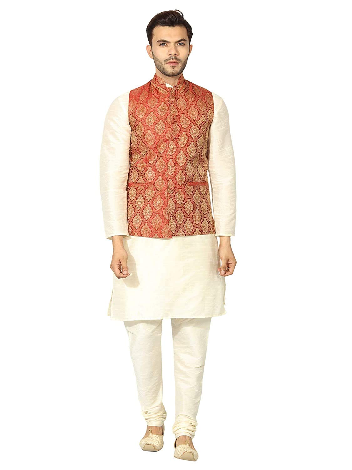 Men's Silk Blend Regular Kurta Churidar Pyjama with Bundi Nehru Jacket/Waistcoat