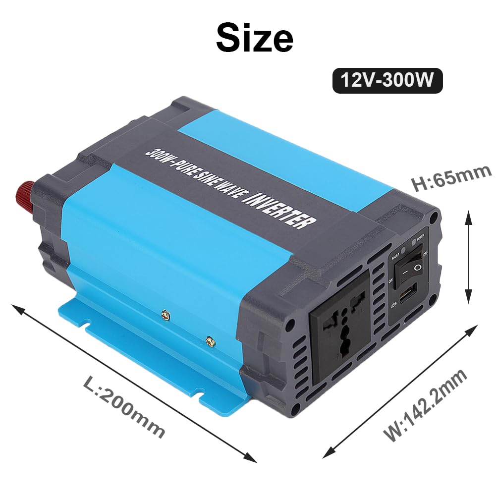 SolaMr 300W Inversor de Corriente Onda Senoidal Pura 12V DC a 220/230/240V AC Convertidor con Puertos de Carga USB 1 A y Tomas AC para Sistemas Montados en Vehículos y Sistemas Domésticos - 300W