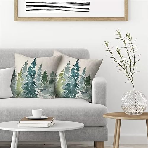 Miniatura 4 de Juego de 2 fundas de almohada de color verde oscuro navideñas de 22 x 22 pulgadas, fundas de almohada con temática de naturaleza acuarela con árbol