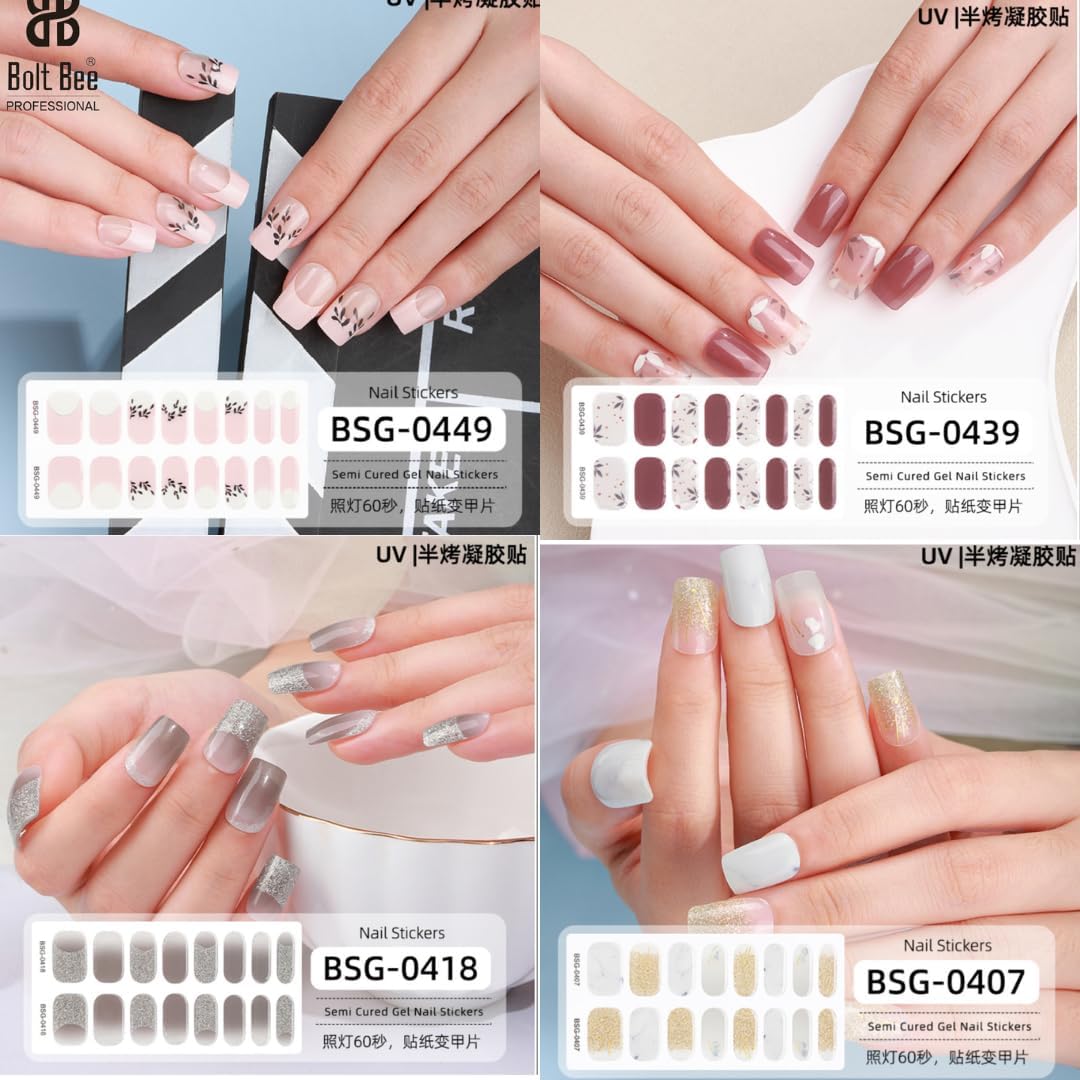 Bolt Bee Semi Cured Gel Nail Strips Stickers | Gel Nail Wraps | UV Light Required, Salon Quality 12 Sheets Set with UV Lamp (Pattern) 3