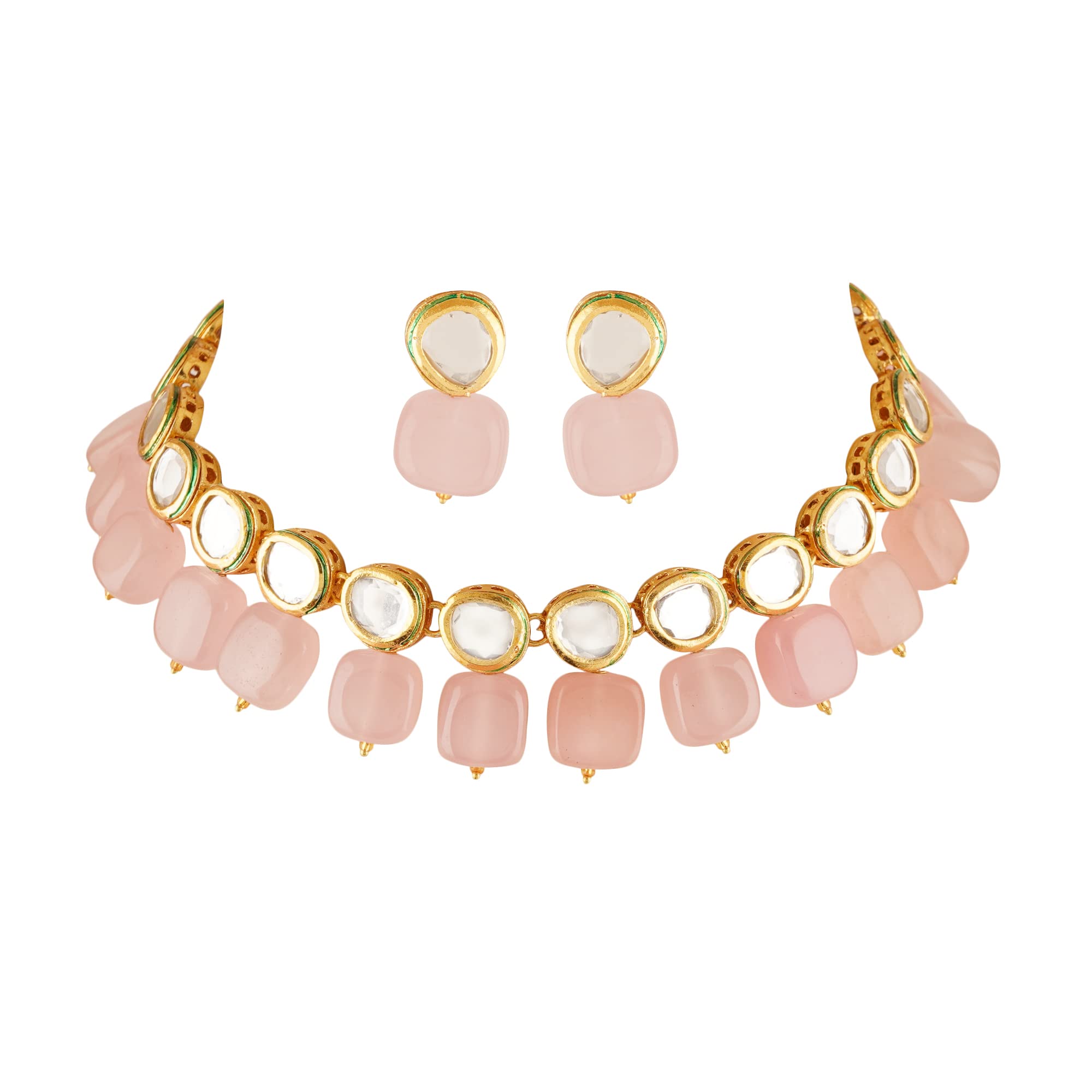 GahneMall Traditional Gold Plated Bridal Choker Necklace & Earrings Set for Women and Girls Embellished with Kundan & Pearl (Pink) (B09SWWZZD8) Amazon Price History, Amazon Price Tracker
