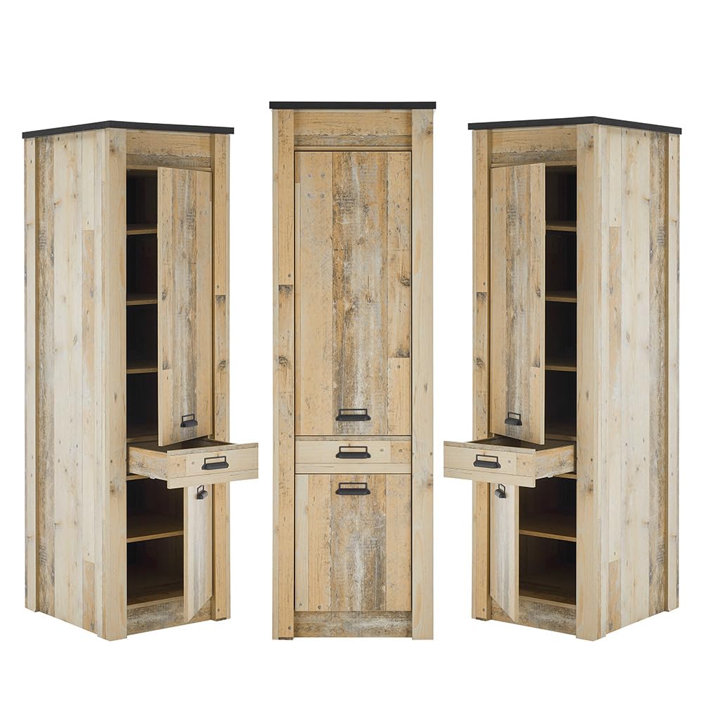 Lomadox Küchenmöbel Küchen Set, Old Style hell Nb. mit anthrazit, Spülschrank mit offenen Fächern, Stauraumschrank, 160cm Wandregal, Hängevitrine mit Softclose
