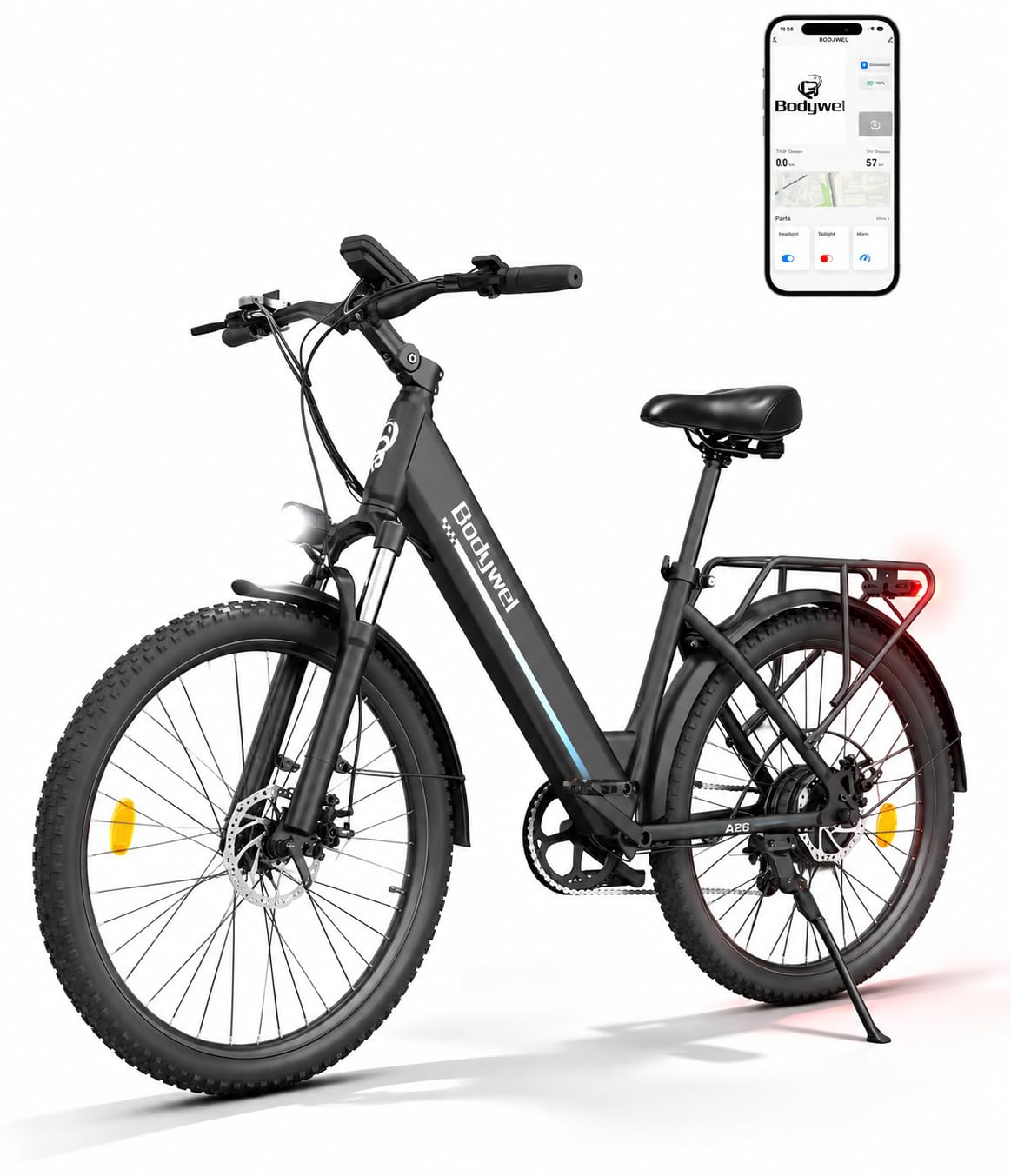 Bodywel A26 E-Bike Herren 26 Zoll 250W Motor 36V 13Ah Akku 50-70km(PAS) Reichweite, 4.5 inch intelligent LED Display mit App, Mechanische Scheibenbremse Stadt EBike