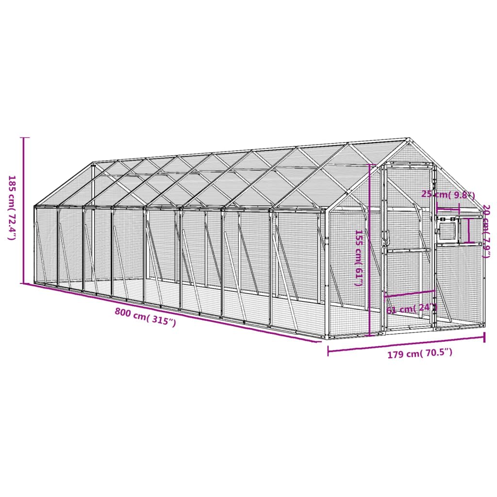 Voliere Silbern 1,79x8x1,85 m Aluminium,Tier- & Haustierbedarf,Haustierbedarf,Vogelbedarf,Vogelkäfige & -ständer,Silber,59.44 kg-3155799