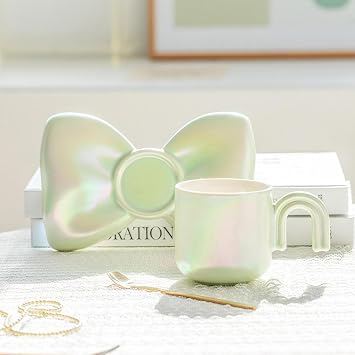VINGAA Aesthetic Mugs,Coffee Cup and Saucer,Novelty Cups with Bow Saucer,Cute Coffee Mugs,240ml/8.1oz Ceramic Mug,Ceramic Coffee Mug,for Espresso,Cappuccino,Latte,Americano,Tea Bag,Beverage