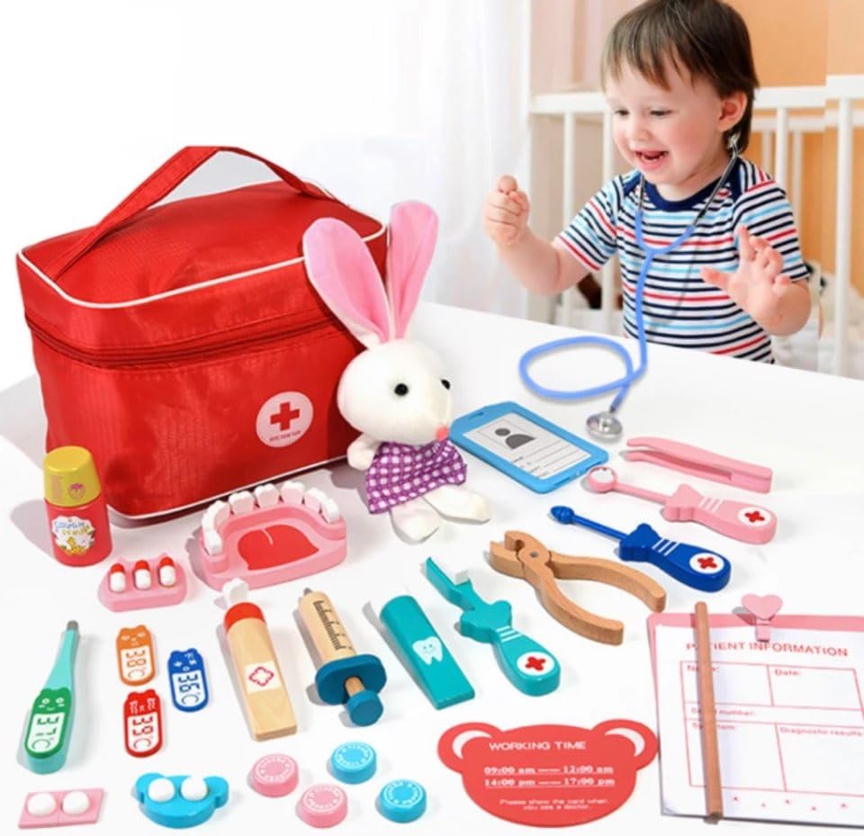 Image of Doctor Kit for Kids Wooden Dentist Set with Working Stethoscope Doctor Playset Pretend Play Doctors Set for Children, Kids Role play toys, Storage Doctor kit, Imaginative play (Little Doctor)