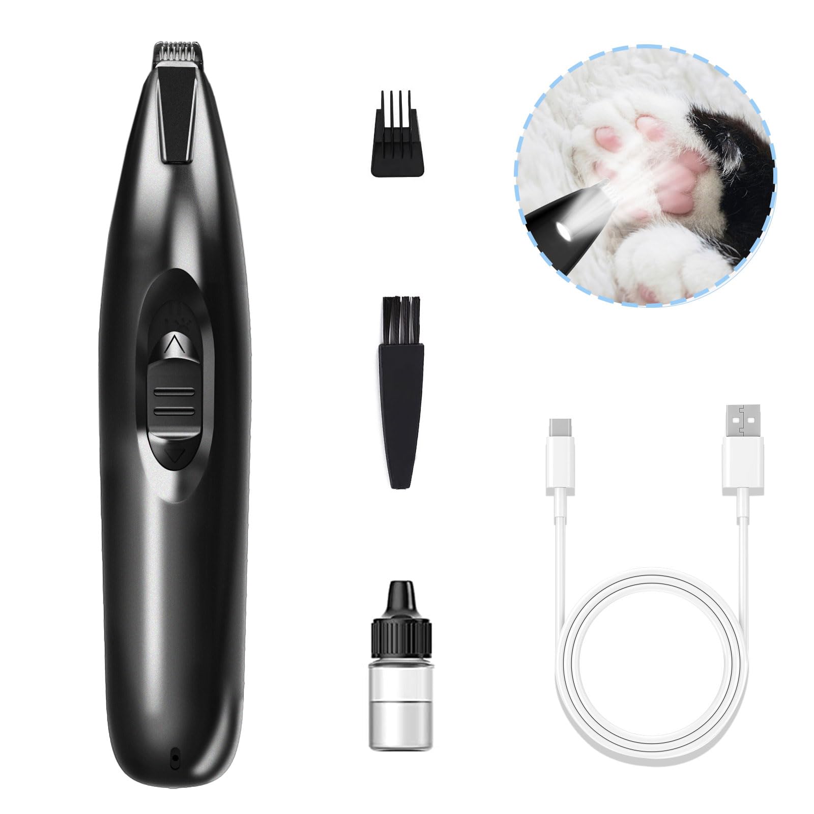 KIKETECH LED Dog Paw Trimmer - Cordless, Low Noise Dog Clippers for Grooming, Rechargeable Small Area Shaver for Dogs, Cats, Glossy Black