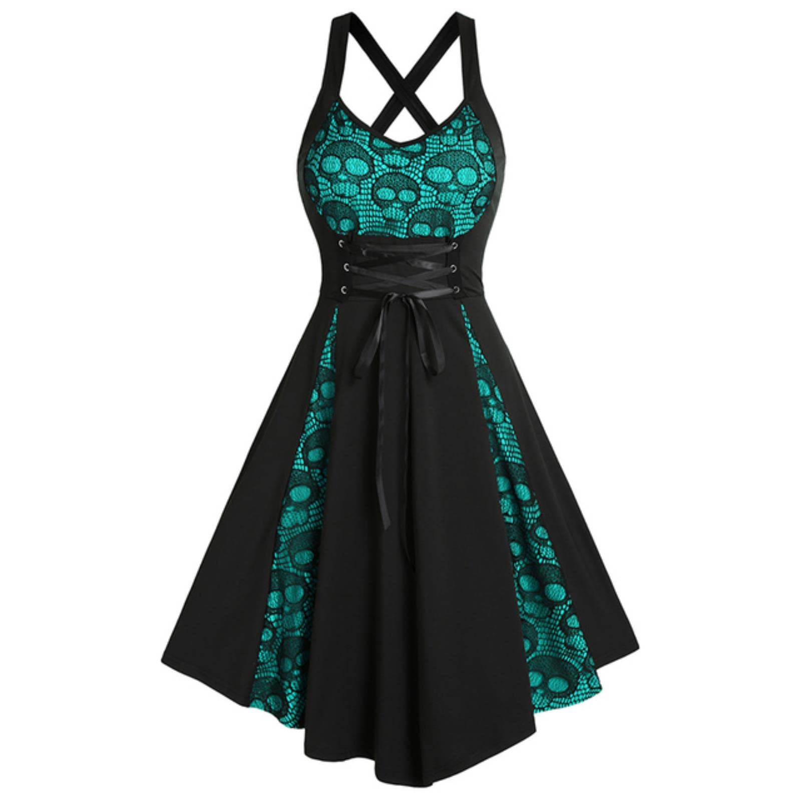 S-3XL Lace Dress Skull Cross A Line Cross Back Sleeveless High Waist Knee  Length Vintage Punk A-Line vestido feminino : Amazon.com.be: Fashion