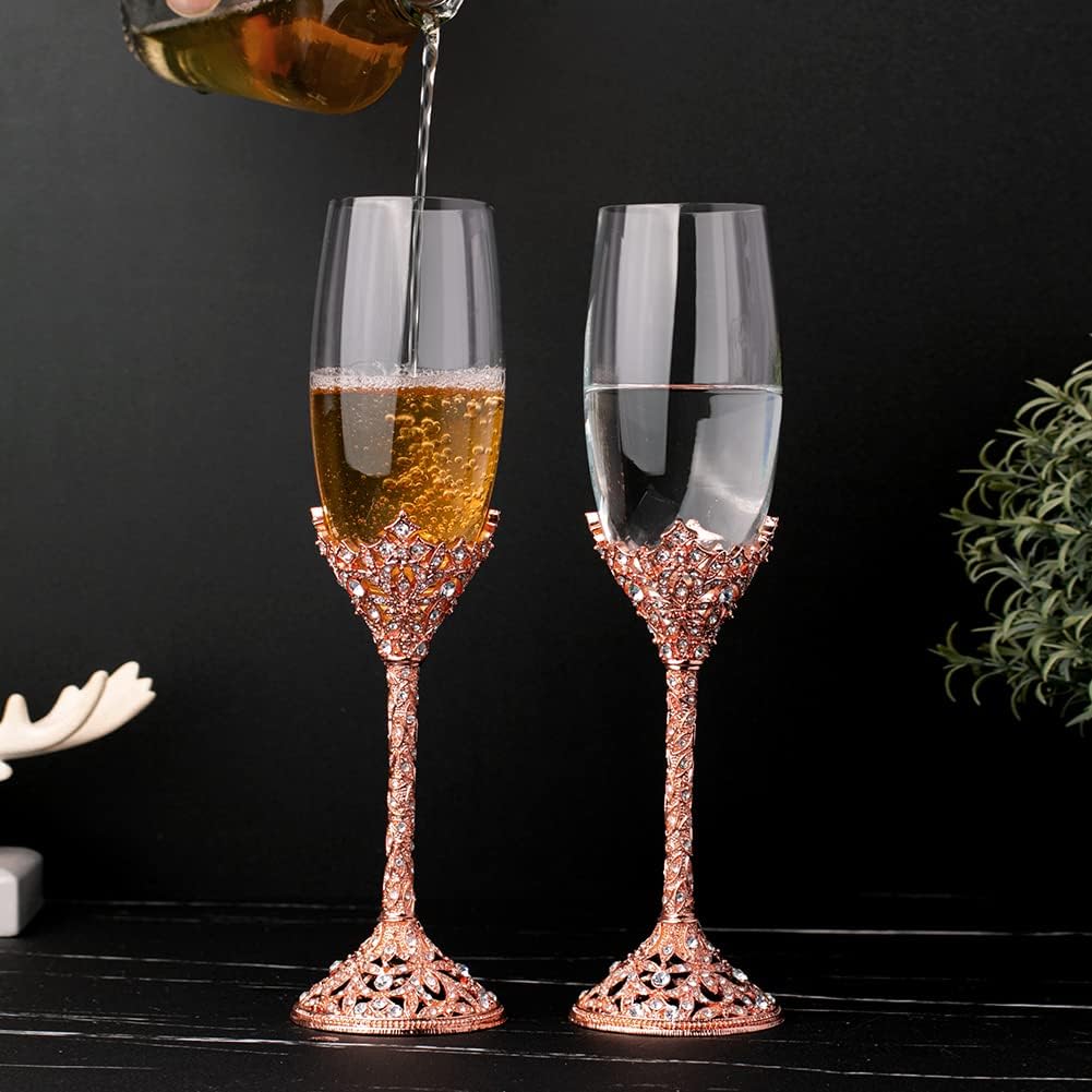 Champagne Flutes - Crystal Glass Metal Base With Crystal Stones, Set of 2 Toasting Flute Pair, Wedding Anniversary Party Birthday Banquets and Gifts for Bride and Groom (Rose Gold) - Image 5
