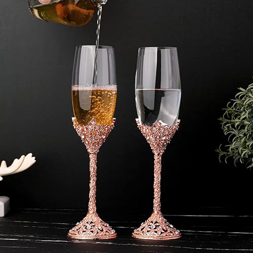 Miniatura 5 de Jozen Gift Copas de champán - Juego de 2 pares de flautas de champán con base de metal de cristal y piedras de cristal, para brindis, aniversarios,