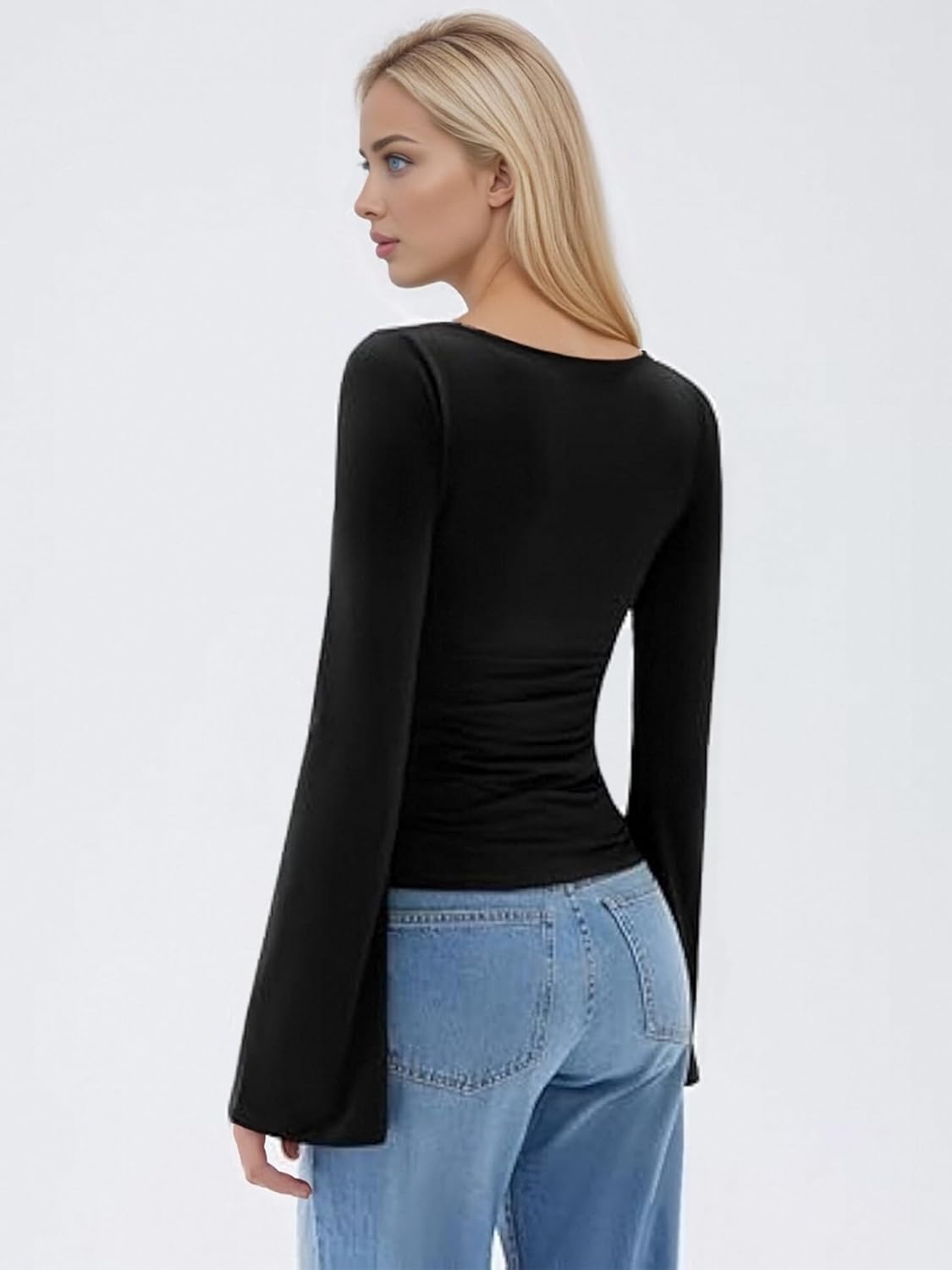 Women Sexy Bell Sleeve Tops Slim Fit Crew Neck Long Sleeve Fitted Going Out Party Club Basic T Shirts - Image 5