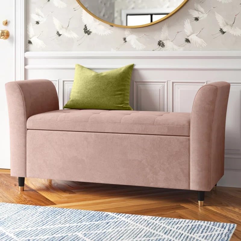 Image of Velvet Upholstered Storage Bench with Arms for Bedroom & Living Room | Tufted 2 Seater End of Bed Ottoman Bench with Hidden Storage | Modern Entryway Seating Sofa Bench with Armrest, Blush Pink