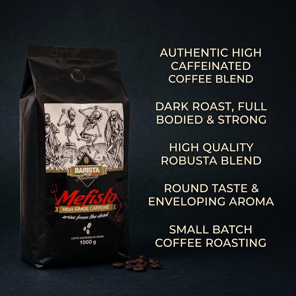 Barista Italiano ♨️ Mefisto - Dark Roast Extremadamente Fuerte ♨️ Espresso Altamente Cafeinado ♨️ 1KG Café Natural En Grano ♨️ Premium Robusta