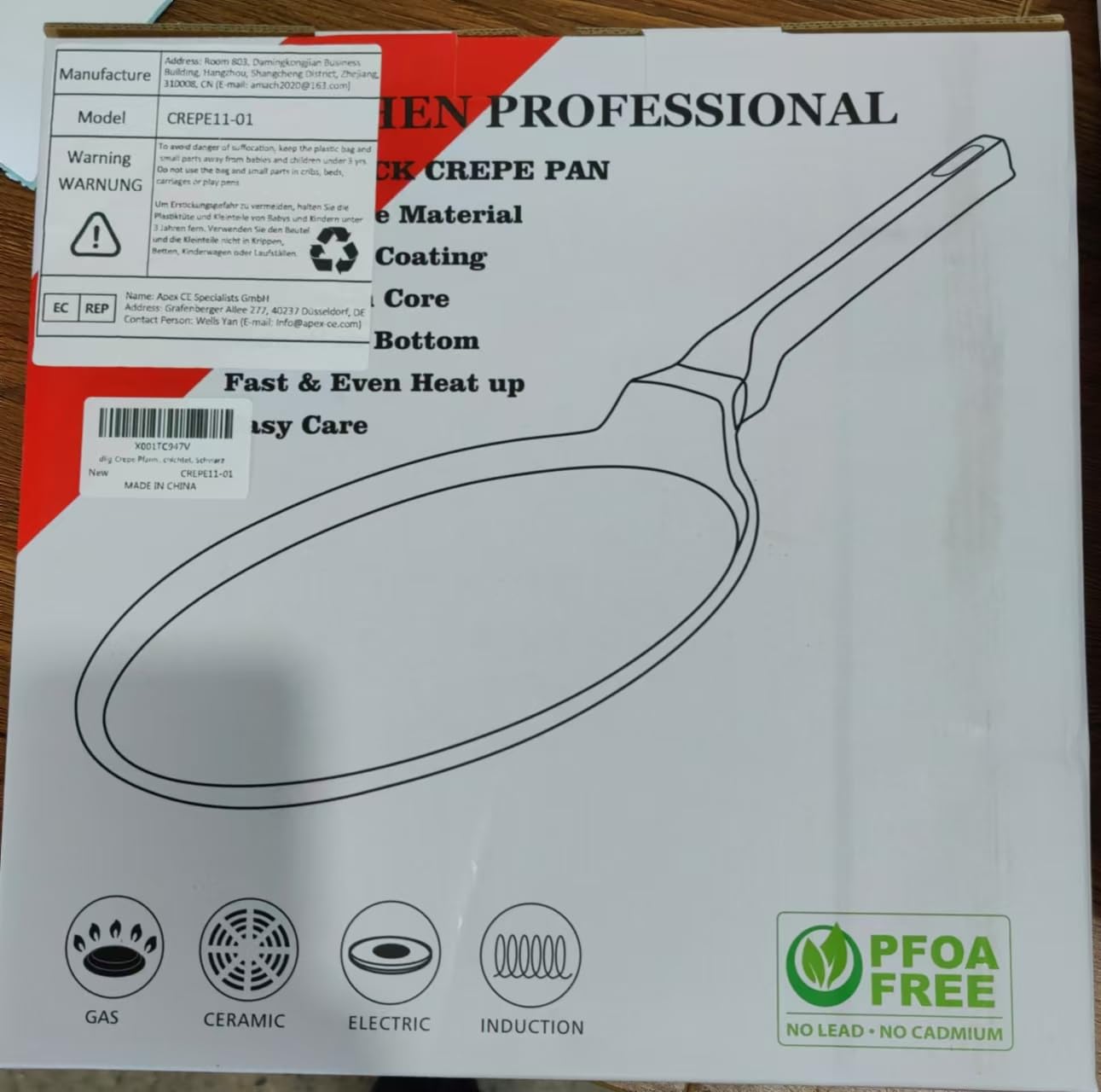 diig Sartén para crepes (28 cm, antiadherente, tortilla, con distribuidor de masa y pala de madera), color negro
