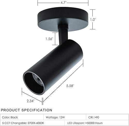 Miniatura 5 de JARLSTAR Foco de techo LED de 5 CCT seleccionable, lámpara ajustable de montaje empotrado, 12 W, CRI 90+ para sala de estar, dormitorio, negro, 3