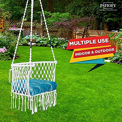 Image of Patiofy Premium Swing for Balcony /Jhula for Adults /Jula with Blue Cushion & Accessories for Indoor & Outdoor (White)