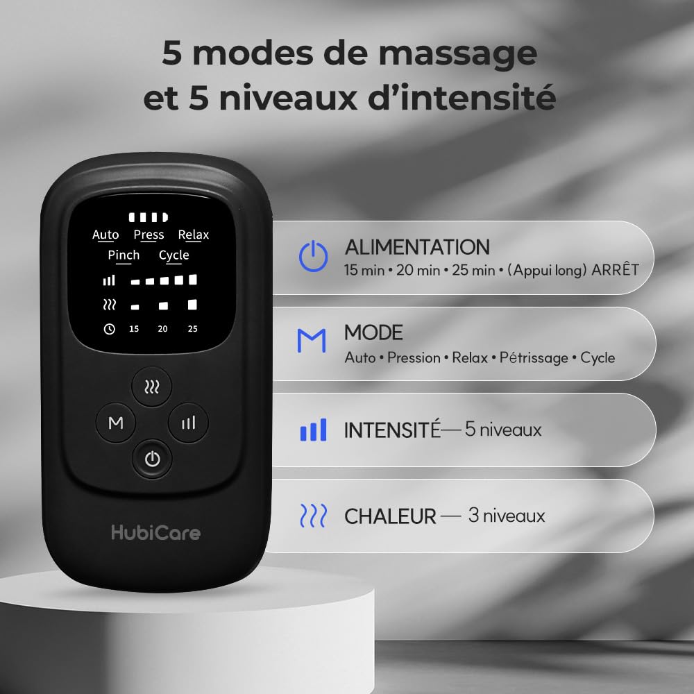 HuBDIC HubiCare Masseur de mollets et de pieds sans fil avec compression de la chaleur et de l'air pour la circulation et le soulagement de la douleur, 5 modes avec 5 intensités, réduction du