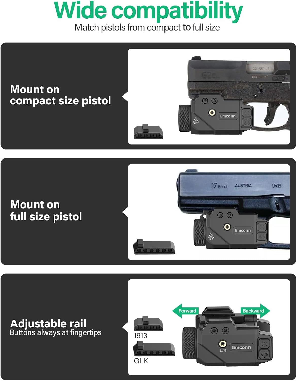 Diagram showing compatibility with 21mm Picatinny rails with slots, and incompatibility with no rail, no slot, or non-standard rails.