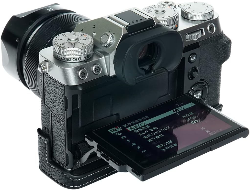 X-T5 Camera Case, BolinUS Handmade Genuine Real Leather Half Camera Case Bag Cover for Fujifilm Fuji X-T5 XT5 Camera Bottom Opening Version + Hand Strap (Black)