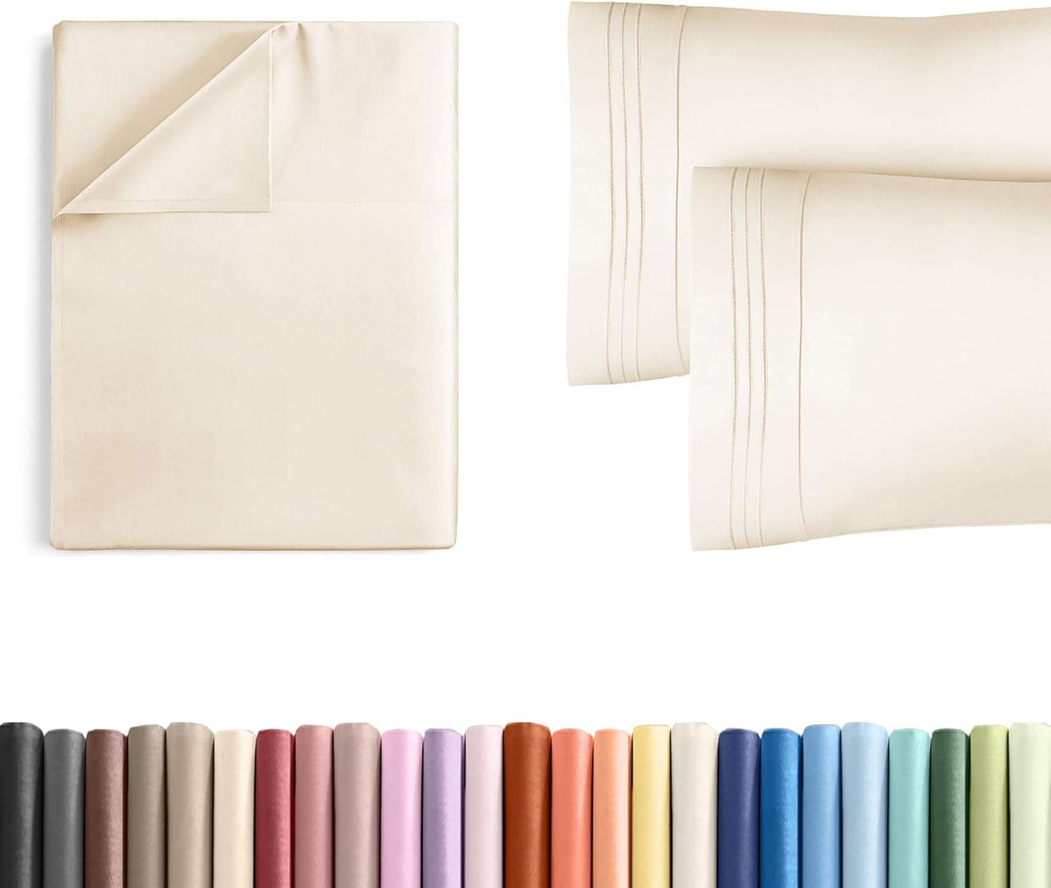 Split King Size Flat Bed Sheet + 2 Pillowcases Bundle - Hotel Luxury Single Flat Bottom Sheet Only - Fits Mattresses with Deep Pockets between 8 to 16 inches - Breathable & Wrinkle Free - Off White