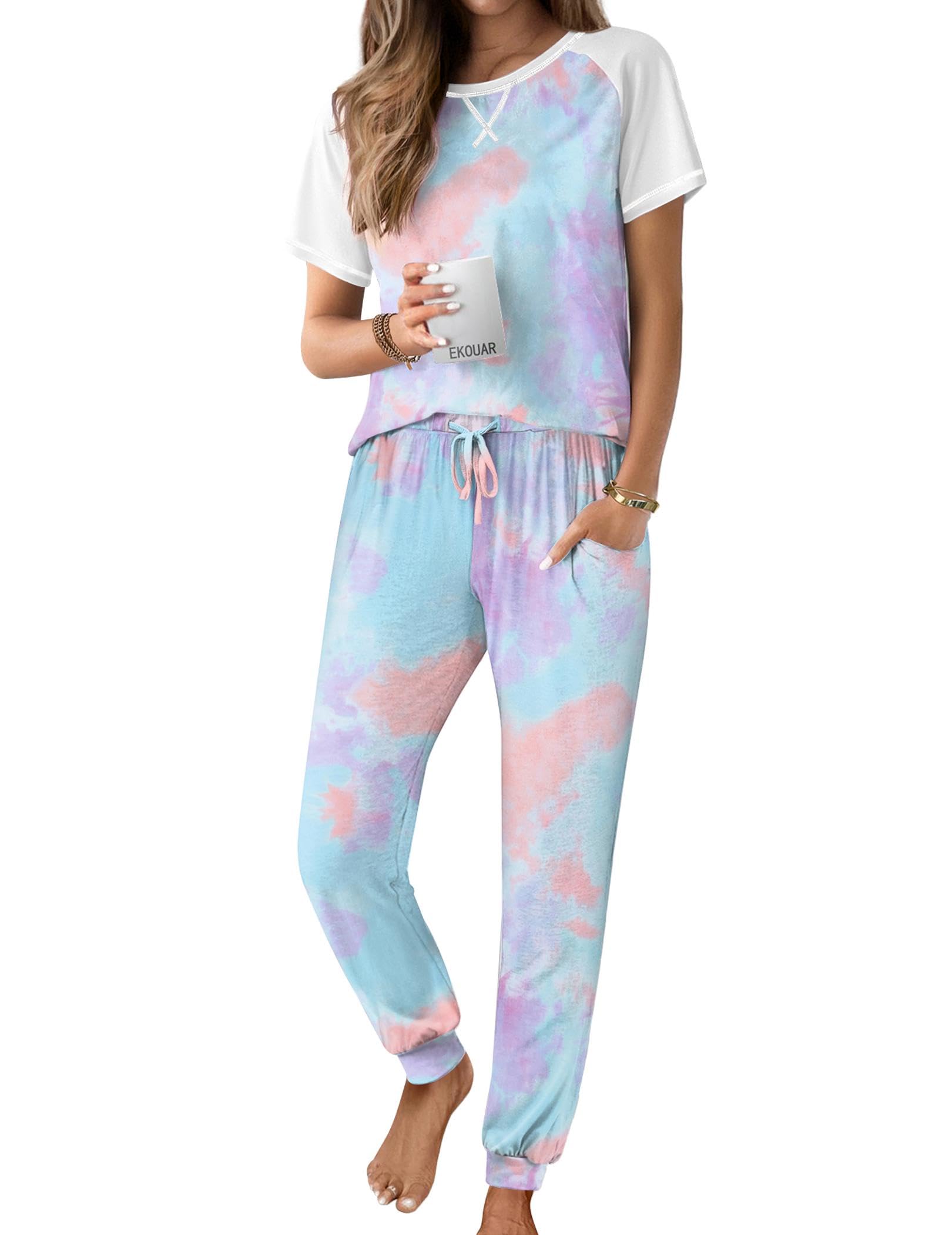 Ekouaer Womens Jogger Pajamas Sets 2 Piece Raglan Short Sleeve Pjs Lounge Set Soft Sleepwear with Pockets S-XXL