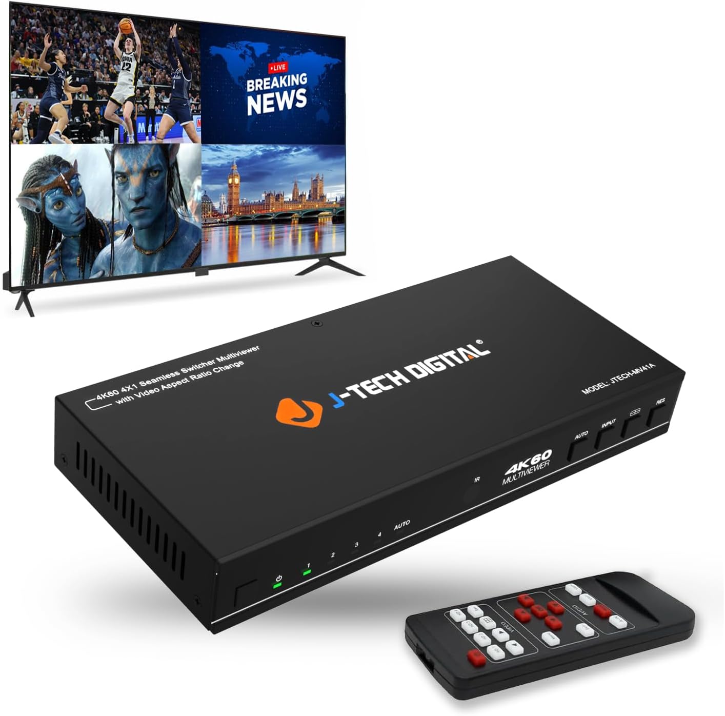 J-Tech Digital 4x1 HDMI Multi-Viewer & Seamless Switcher 4K 60Hz | 4 in 1 Out w/ 8 Display Modes, Audio Extract, OSD, Quad Viewing [JTECH-MV41A]