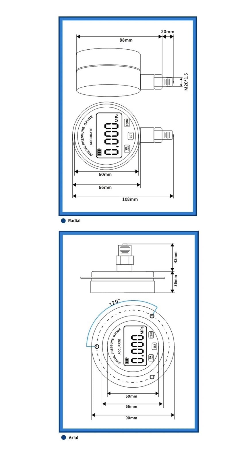 Regulador de presión, Manómetro digital barra inalámbrica Mpa Psi 100Mpa, aire líquido combustible aceite agua manómetro de presión digital manómetro de baja presión(100mm radial,0-1Mpa)
