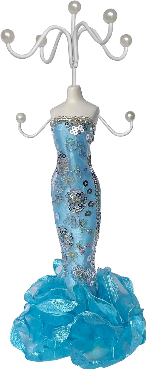 Dress Mannequin Jewelry Stand Organizer with Pearl Hooks - Blue