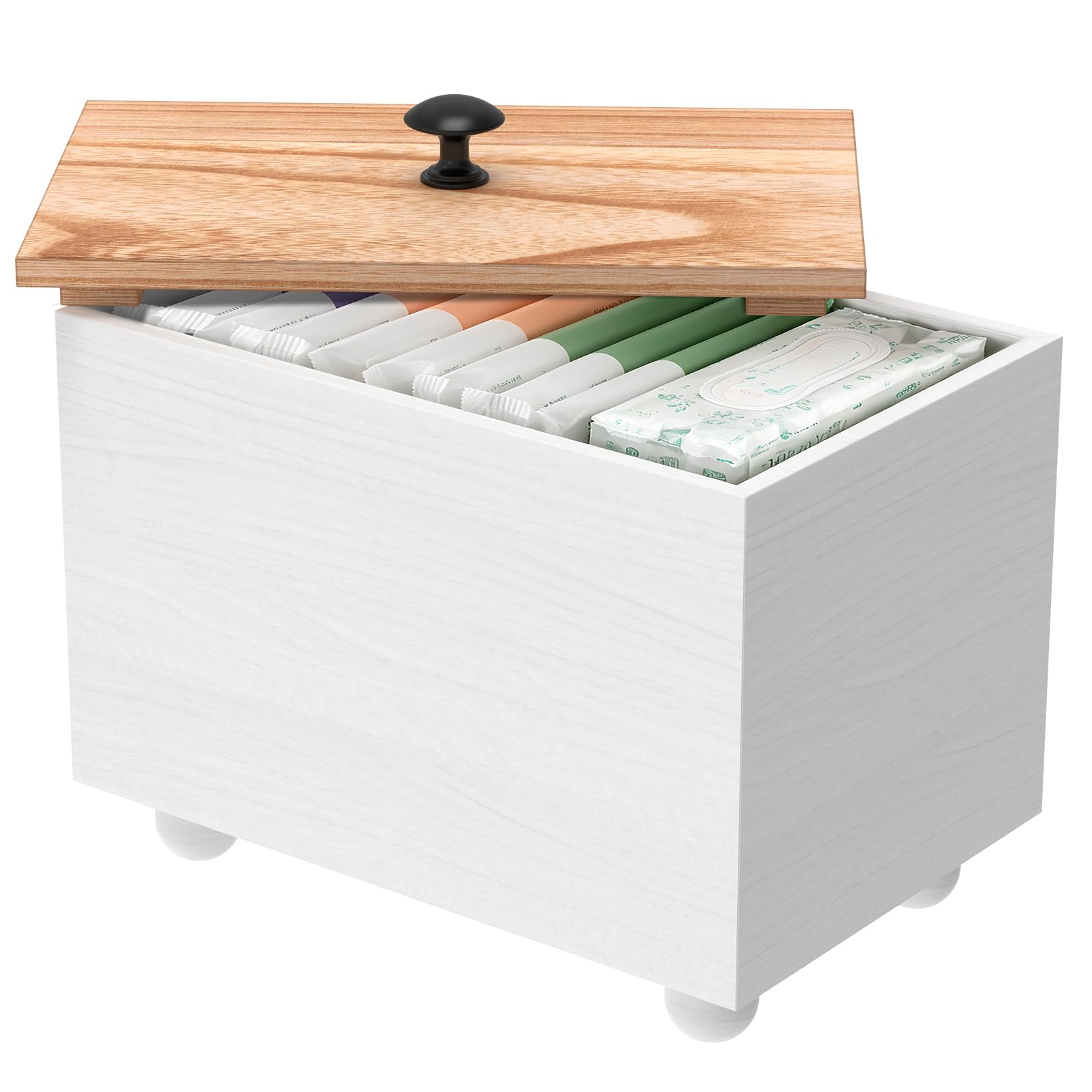 Wood Tampon Holder, Tampon Storage Box with Lid, Bathroom Tampons Caddy Box, Bathroom Pad Organizer, Tampons and Pad Container, Lady Stuff Boxes, with 4 Legs 20x13x15.4cm for Women(white)