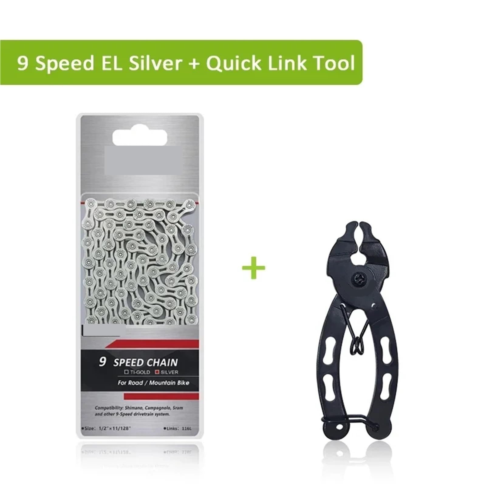 Cadena de bicicleta 6, 7, 8, 9, 10 y 11 velocidades, chapada en titanio, TI, oro plata, for montaña carretera, pieza 116 eslabones(9 Speed Silver Set)