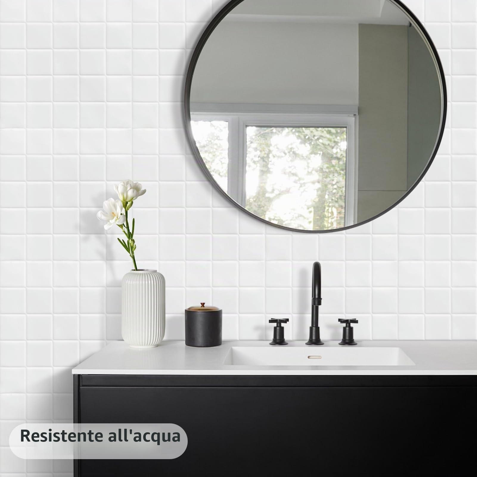 DEWOO Piastrelle autoadesive da parete, colore: bianco, 10 fogli | Quadrato, quadrato, griglia, appiccicoso, per cucina, bagno, lavanderia, lavanderia, lavanderia, lavanderia, 30,5 x 30,5 cm